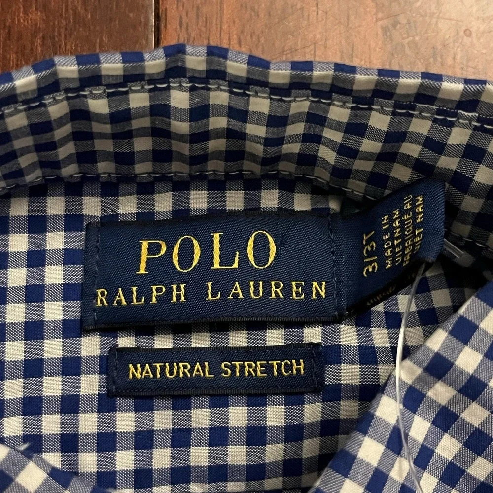 Polo Ralph Lauren Shirt Kids 3T Blue White Gingham Button Down Natural Stretch